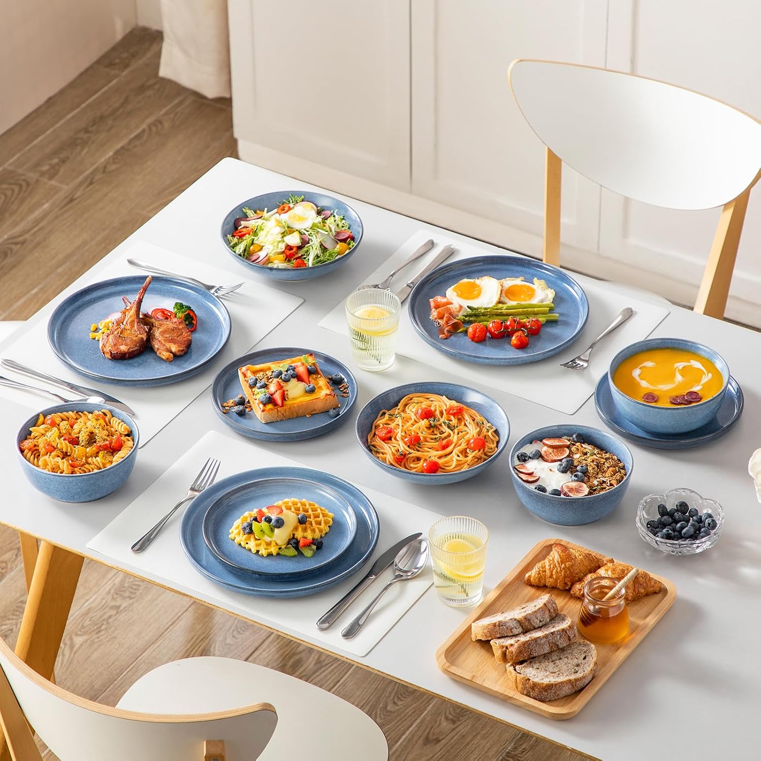 Blue Reactive Glaze Ceramic Dinnerware Set (24 pieces/6 servings), Microwave and Dishwasher Safe - Image 2